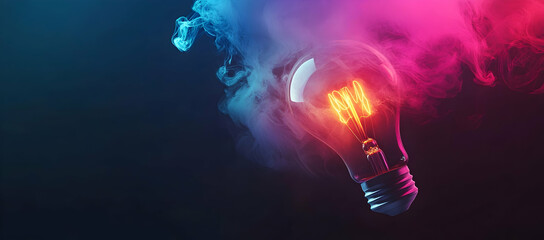 Creative, colorful light bulb with a colored smoke explosion on a dark background.