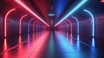 Fototapeta premium Futuristic neon-lit corridor with red and blue glowing lines reflecting on glossy floor.