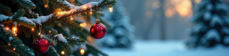 Snow-covered fir branch adorned with sparkling lanterns and colorful ornaments, winter decorations, evergreen