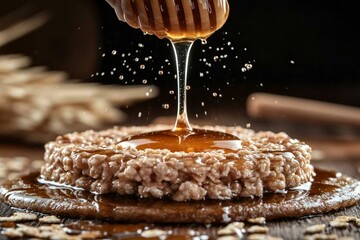 Sweet Honey Dripping Over Crispy Rice Cake with Oats and Syrup