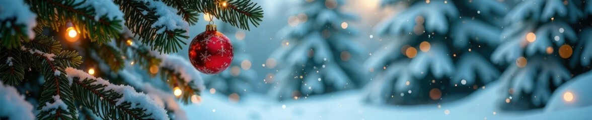 Snow-covered fir branches with sparkling ornaments, delicate ornaments, sparkly, frozen