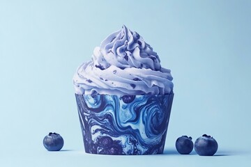Swirled Blueberry Cupcake with Creamy Frosting on Blue Background