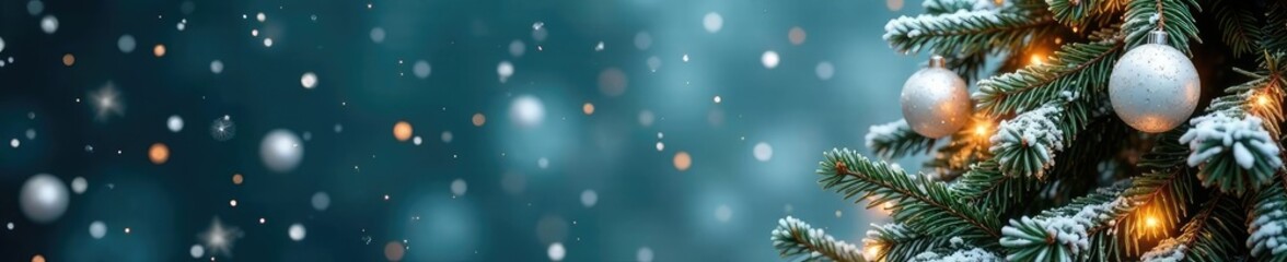 Snow-covered fir tree branches adorned with festive Christmas white decorations and sparkly lights, garland, holly