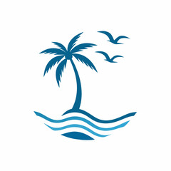 Stylized Ocean Wave and Palm Tree vector Logo.