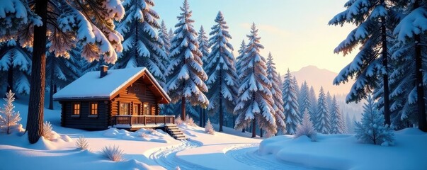 Fototapeta premium Snow-covered forest with a charming cabin in the woods, nature, cold, peaceful