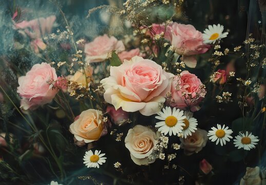 Beautiful Arrangement of Pink Roses and Daisies Surrounded by Delicate Greenery in Soft Focus for Elegant Floral Inspiration