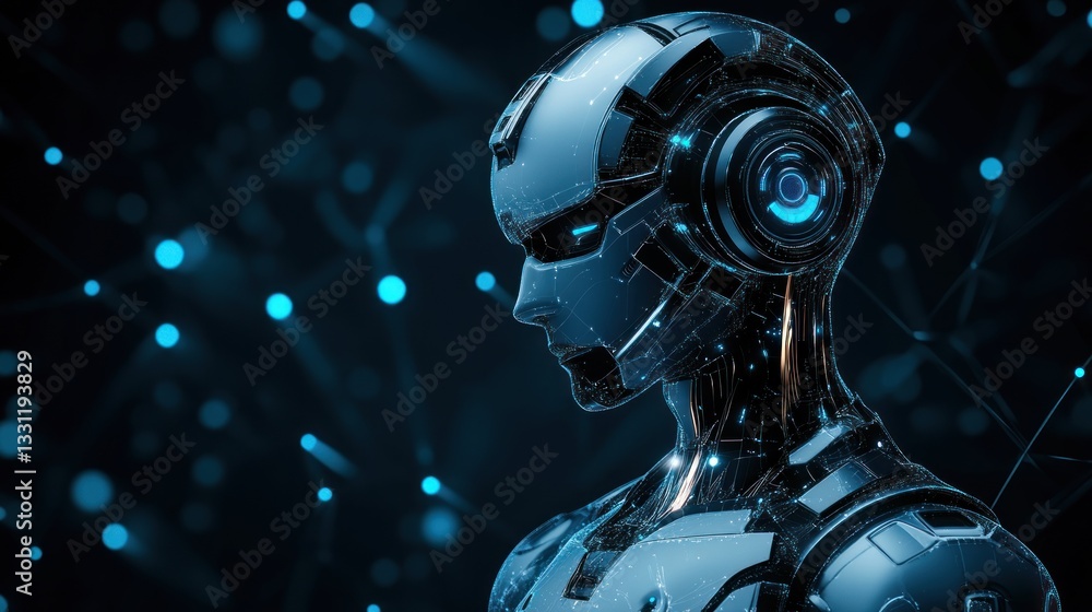 Poster futuristic robot head and shoulders, detailed mechanical design, digital network background.