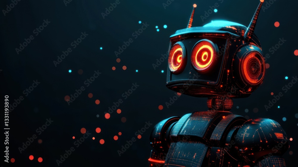 Poster futuristic robot with glowing red eyes against a dark background.