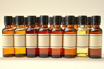 Variety of Essential Oil Bottles Displayed on Neutral Background