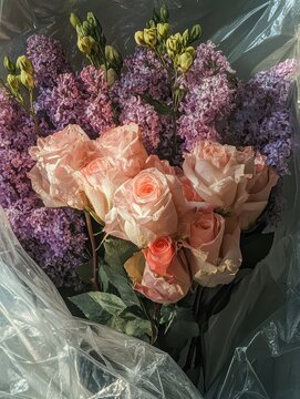 Beautiful arrangement of pink roses and lilacs wrapped in plastic showcasing vibrant colors and delicate petals ideal for floral decoration and gifts