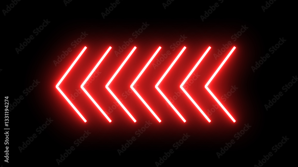 Poster seven 7 shapes of glowing red neon arrows fade in and fade out motion graphic, right to left arrows 
