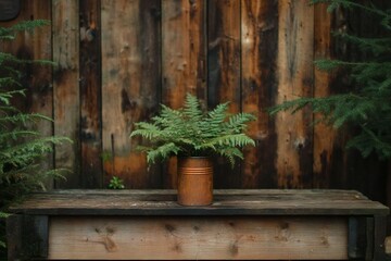 Vibrant Green Fern in Vintage Pot on Rustic Wooden Table