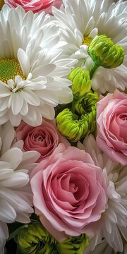 Beautiful arrangement of pink roses, white daisies, and vibrant green flowers showcasing nature's elegance in a colorful and lively bouquet
