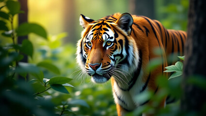 Fototapeta premium Majestic Tiger in a Vibrant Green Forest. Wildlife Beauty.