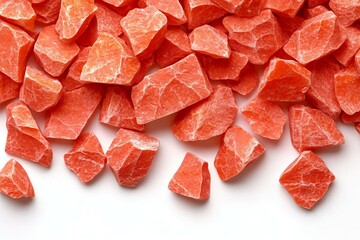 Vibrant Orange and Red Salt Crystals on White Surface Background