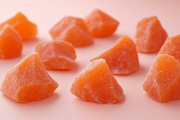 Vibrant Orange Candied Fruit Chunks Displayed on Soft Pink Background