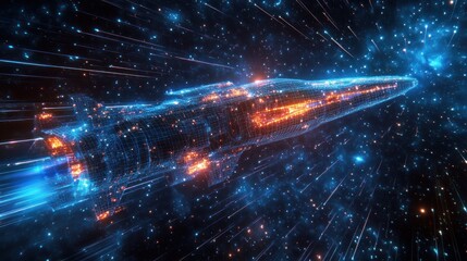 Obraz premium Futuristic rocket speeding through space, glowing trails and stars.