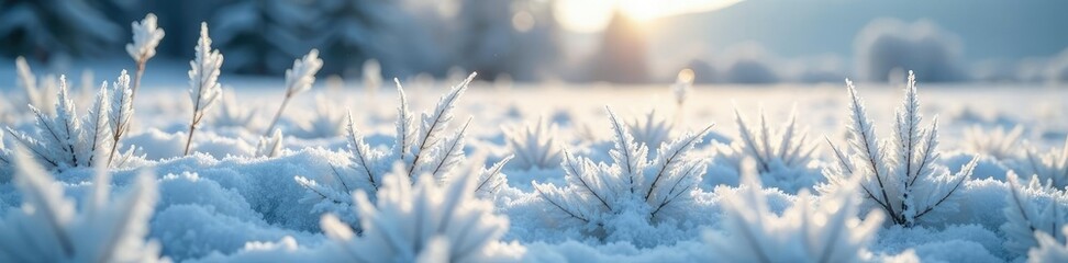 Obraz premium Snow-covered meadow with frost-kissed grasses, grass, serene, natural