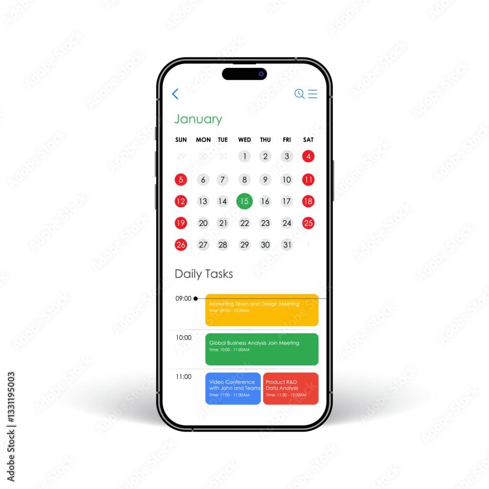 Poster smartphone calendar app concept: to-do list & tasks ui or ux design mockup. mobile planner, appointm