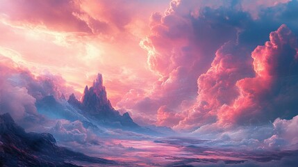 A beautiful landscape of mountains and clouds bathed in soft light