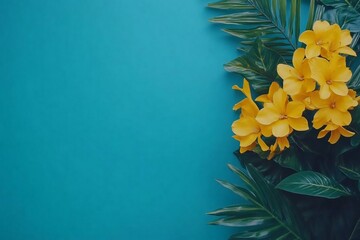 Vibrant Yellow Flowers with Green Leaves on Bright Turquoise Background
