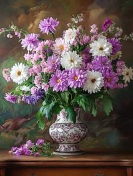 Beautiful arrangement of purple and white daisies in elegant vase against a colorful background with soft lighting and artistic textures