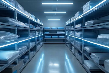 Warehouse Shelves with Neatly Stacked Bedding and Soft Textiles