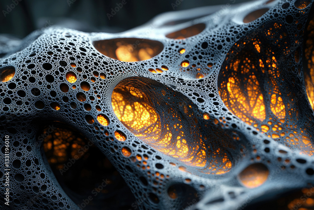 Poster abstract 3d render of a porous, cavernous structure with glowing orange interior.