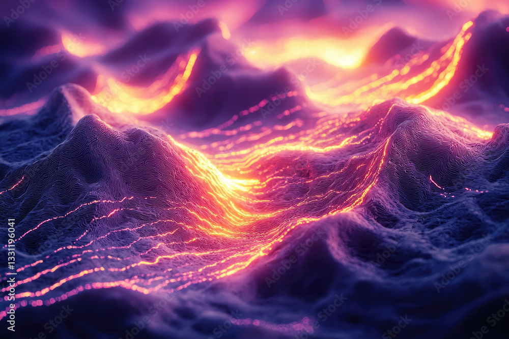 Poster abstract digital landscape of glowing lava flowing through textured mountains, creating a vibrant an