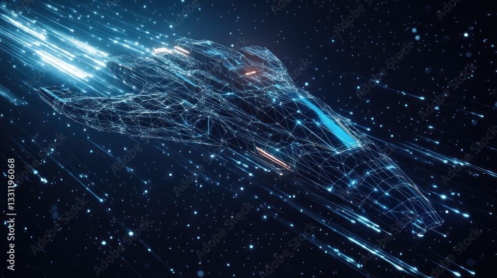 Poster futuristic spaceship traveling at high speed through space, depicted as a wireframe model with glowi