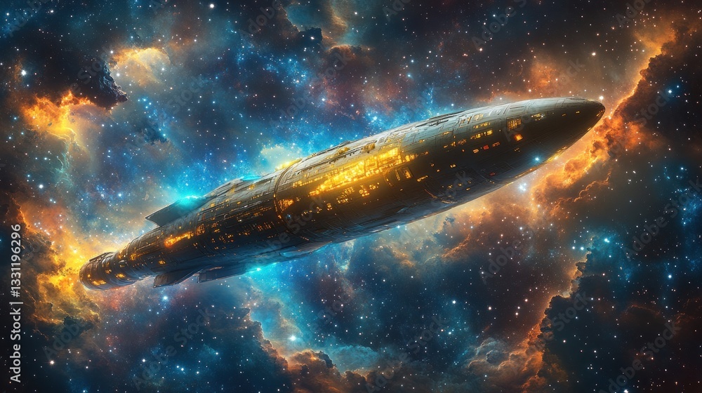 Poster futuristic spaceship traversing a vibrant nebula, glowing windows, cosmic dust.
