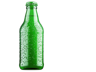 Closeup of a refreshing green beer bottle with condensation droplets, chilled delight
