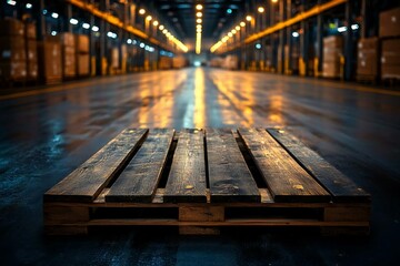 Wooden Pallet in Empty Warehouse with Ambient Lighting Effect