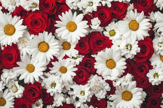 Beautiful Arrangement of Red Roses and White Daisies in a Floral Pattern for Background and Decoration Purposes