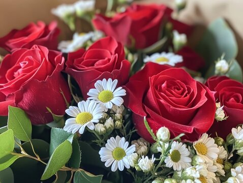 Beautiful Arrangement of Red Roses and White Daisies in a Lush Floral Bouquet for Celebrations and Special Occasions with Natural Greenery Accents