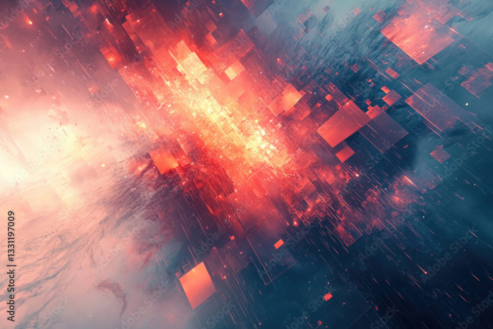 Poster abstract digital art depicting a futuristic cityscape with glowing red and orange cubes and streaks 