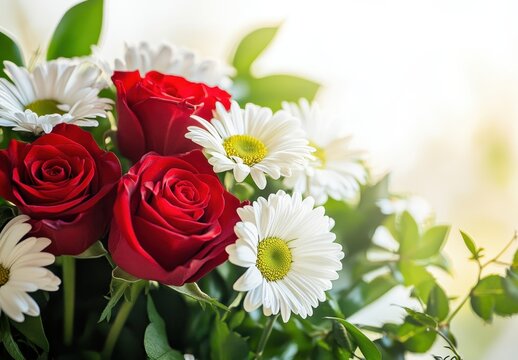 Beautiful Arrangement of Red Roses and White Daisies with Soft Lighting for Flower Decor and Floral Design Inspiration