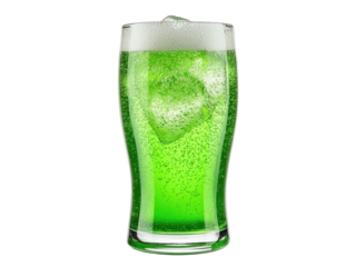 Refreshing ice cold green beer in a glass, festive celebration ice