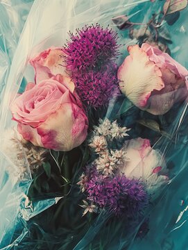 Beautiful Arrangement of Roses and Wildflowers Wrapped in Transparent Plastic, Perfect for Celebrations, Gifts, and Floral Designs