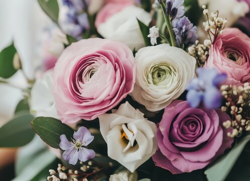 Beautiful Arrangement of Soft Pink and Purple Flowers with Greenery for Home Decor or Floral Design Projects