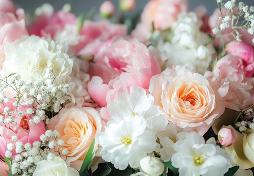 Beautiful arrangement of soft pink and white flowers in a delicate bouquet featuring peonies, roses, and tiny baby's breath for a stunning floral display