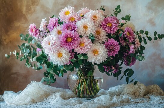 Beautiful Arrangement of Soft Pink and White Chrysanthemums with Eucalyptus in Glass Vase on Lace Tablecloth Against Warm Background