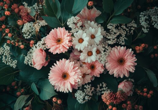 Beautiful Arrangement of Soft Pink and White Flowers with Green Foliage and Delicate Blooms on a Dark Background for Nature Inspired Designs
