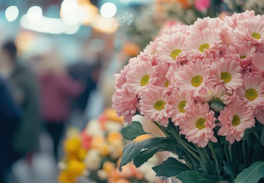 Beautiful Arrangement of Soft Pink Daisies Decorated with Lush Green Leaves at a Blooming Flower Market in Spring Season