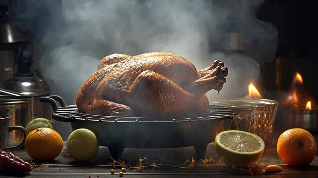 Leckerer gegrillter Truthahn mit Kr&auml;utern auf Holztisch