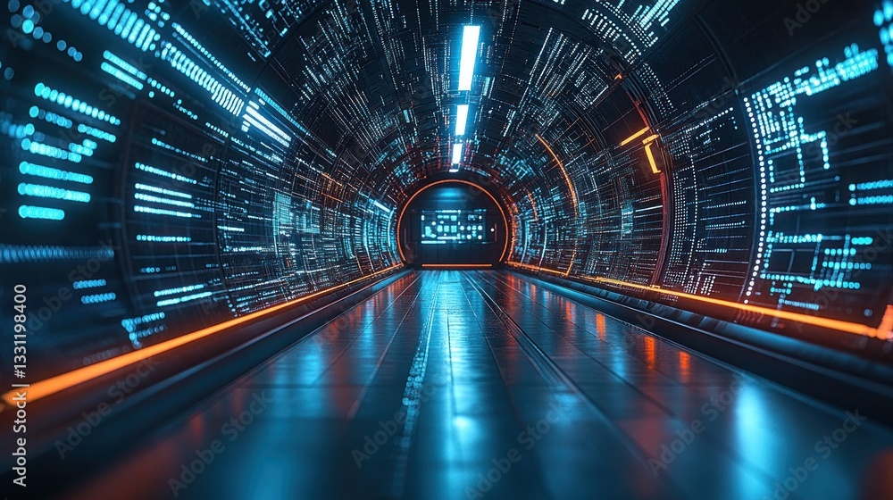 Aufkleber futuristic tunnel with glowing digital data streams and illuminated walls.