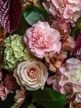 Beautiful Arrangement of Soft Pink Flowers with Green Leaves and Rich Textures Showcasing Nature's Delicate Beauty in a Vibrant Floral Display
