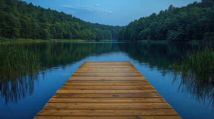 Fototapeta premium Tranquil wooden dock extending into a serene forest lake at dusk surrounded by lush greenery