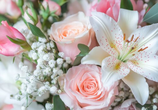 Beautiful Arrangement of Soft Pink Roses and Elegant White Lilies with Delicate Baby's Breath for Floral Celebration or Wedding Decor