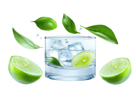 A glass of refreshing ice water with lime slices, cool summer drink